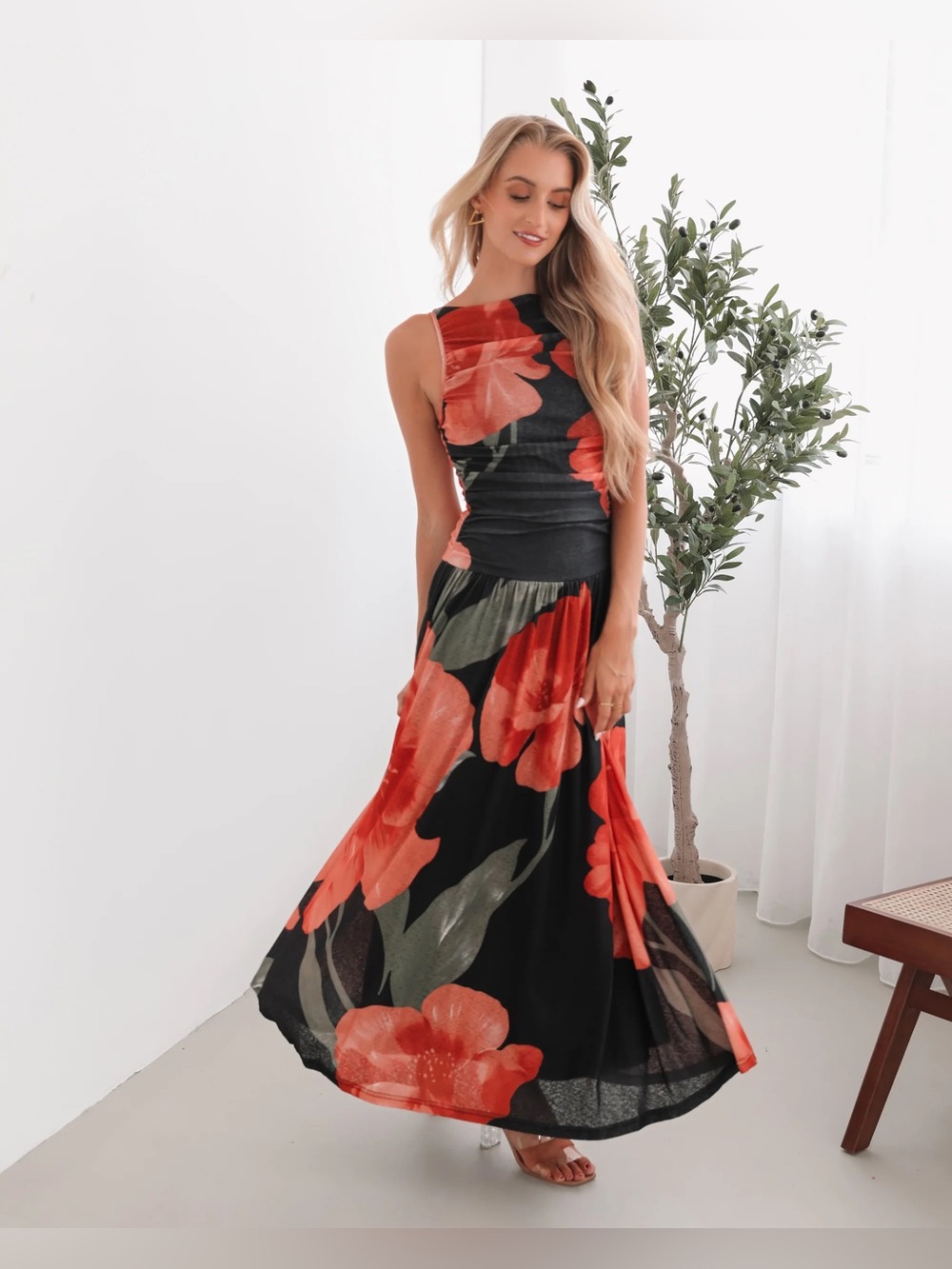 new Petal and Pup Carlin ruched drop waist black floral midi maxi dress